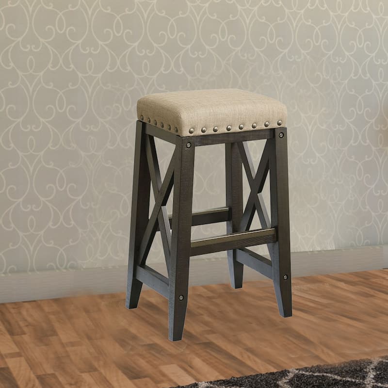 31 Inches Nailhead Trim Upholstered Barstool, Beige and Brown