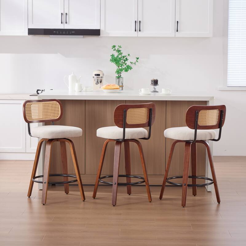Roomfitters Upholstered Swivel Bar Stools Set of 3 with Rattan Back and Wood Legs, Modern Counter Height Dining Chairs