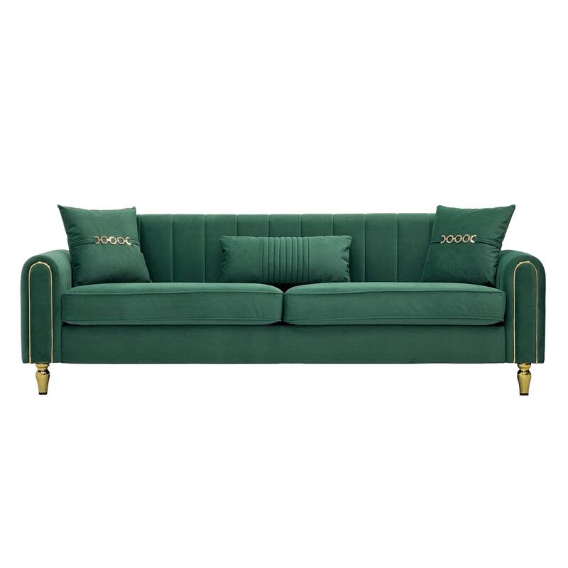 Roomfitters 87.4 Inch 3 Seater Elegant Modern Upholstered Sofa with Gold Metal Trim, Vertical Channel Tufted Back