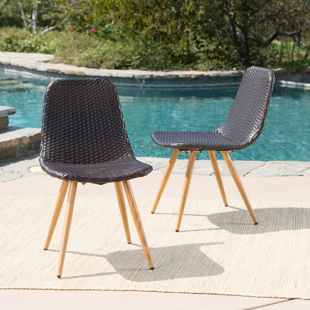 Roomfitters Outdoor Dining Chairs Set of 2, Weather-Resistant Woven Resin Wicker with Tapered Heat Transfer Legs, Brown Multi