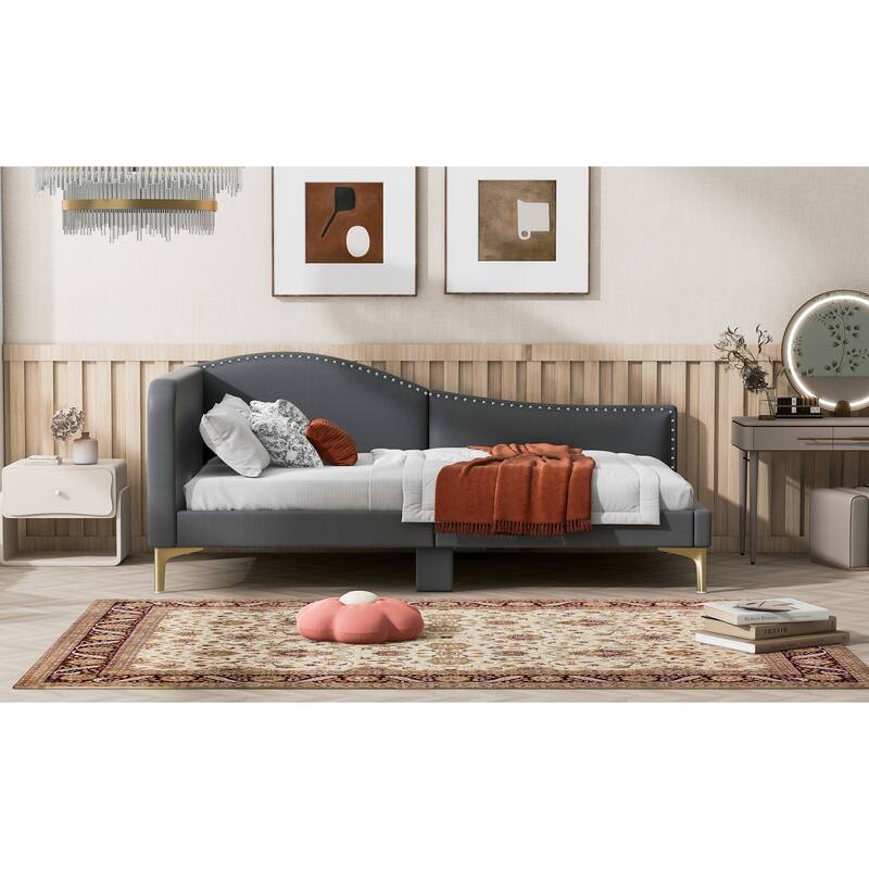 Twin Size Upholstered Daybed with Headboard and Armrest, Support Legs