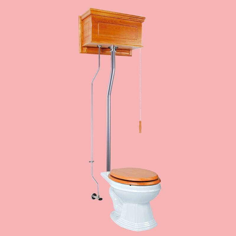 Mahogany Wooden High Tank Toilet Raised Tank, White Elongated Bowl and Brass Z Pipe