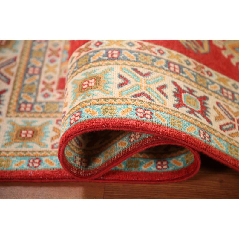 Kazak Rug Hand-Knotted Geometric Red Wool Carpet - 3'3"x 4'10"