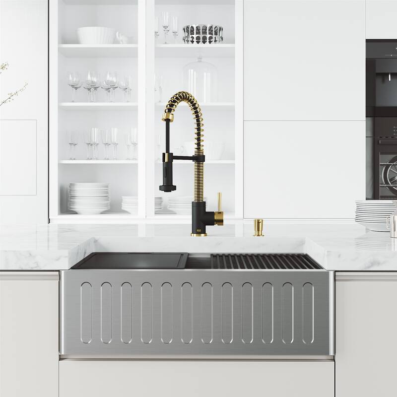 VIGO Matte Stone Kitchen Sink and Faucet in Matte Gold and Black - Grey