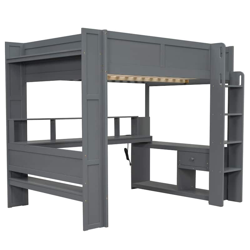 Dark Gray Wood Twin/Full Gamer's Loft Bed with LED Desk, Power Charging Station & Multi-Tier Shelving