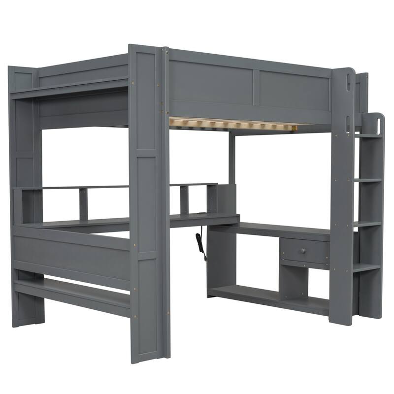 Gaming Loft Bed with Desk, LED & Charging Station, Mulfunctional Wood Loft Bed Frame with Storage Shelves & Drawer
