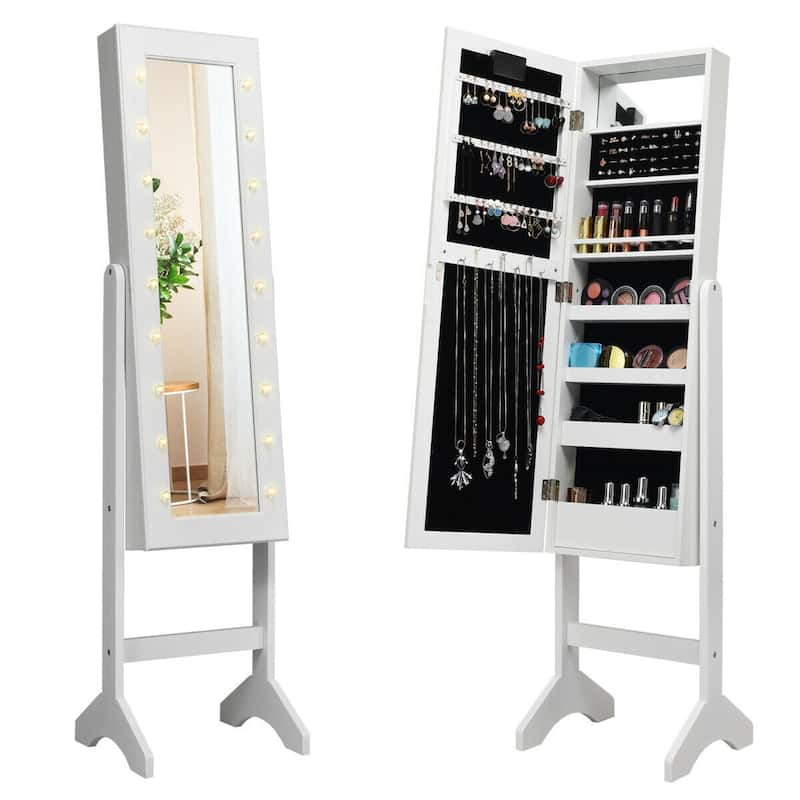 LED-Lighted Standing Jewelry Armoire Storage Cabinet with Full Length Mirror - 14" x 12.5" x 57" (L x W x H) - White