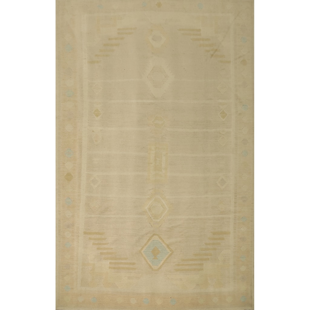 Hand Woven Oriental 100% Wool Carpet Southwestern Tribal Beige & Ivories Kilim Area Rug - 10' 2'' X 7' 9''