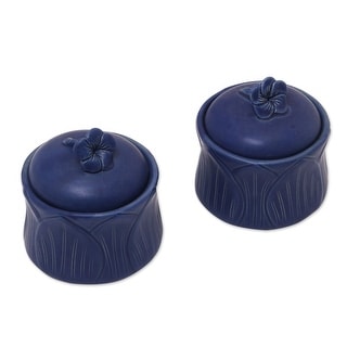 NOVICA Handmade Blue Frangipani Ceramic Condiment Jars, Set of 2 (Indonesia) - 3.1