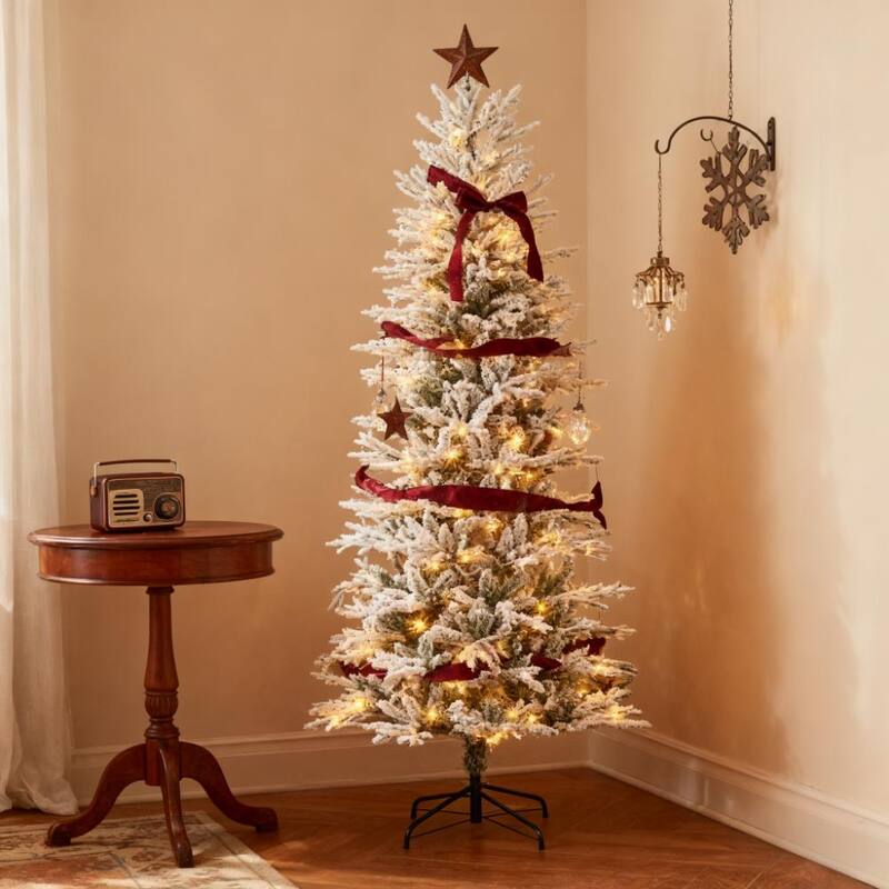 Pre-Lit Flocked Artificial Christmas Tree - Snow Branches, Warm Yellow Lights, Auto Open - Green