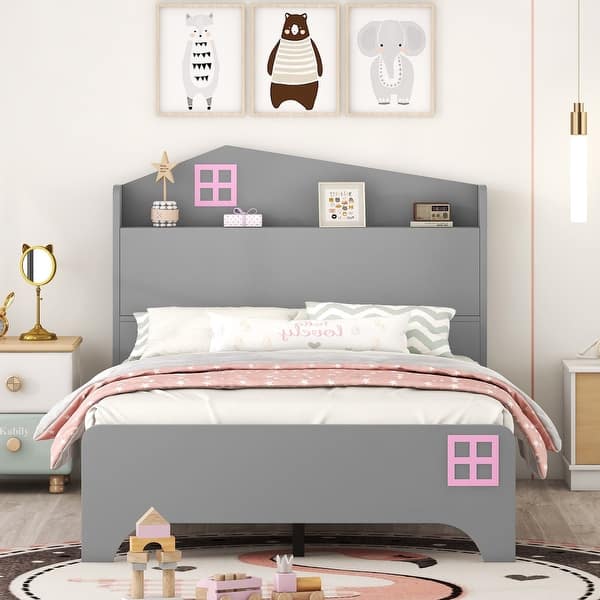 slide 2 of 9, Grey Wooden Twin Size House Bed with Storage Headboard and Shelf