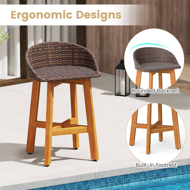 Costway Outdoor Faux Rattan Bar Chairs Set of 2/4 Solid Acacia Wood - See Details