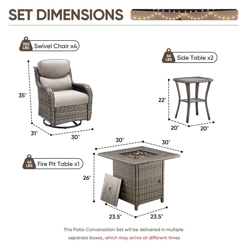 Pocassy Outdoor Propane Fire Pit Table with Sofa Swivel Chair Funiture Set.