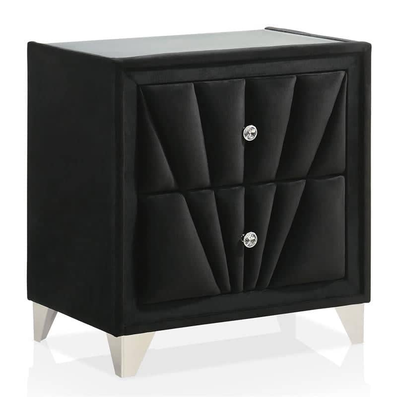 Fabric Upholstered Nightstand with Chrome Legs, Decorative Table with Glass Top, Sofa Side Table with 2 Drawers