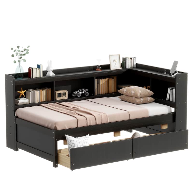 Corner Daybed Bookcases Bed with Power Outlets and Charging Ports, L-Shaped Storage Bed Frame Captains Bed with 2 Drawers