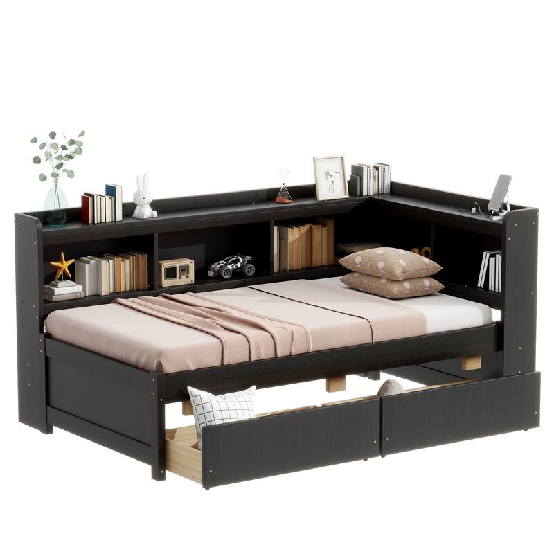 Wooden Platform Sofa Bed Frame with L Shaped Bookcase and Charging Station, Living Room Corner Daybed with 2 Storage Drawers