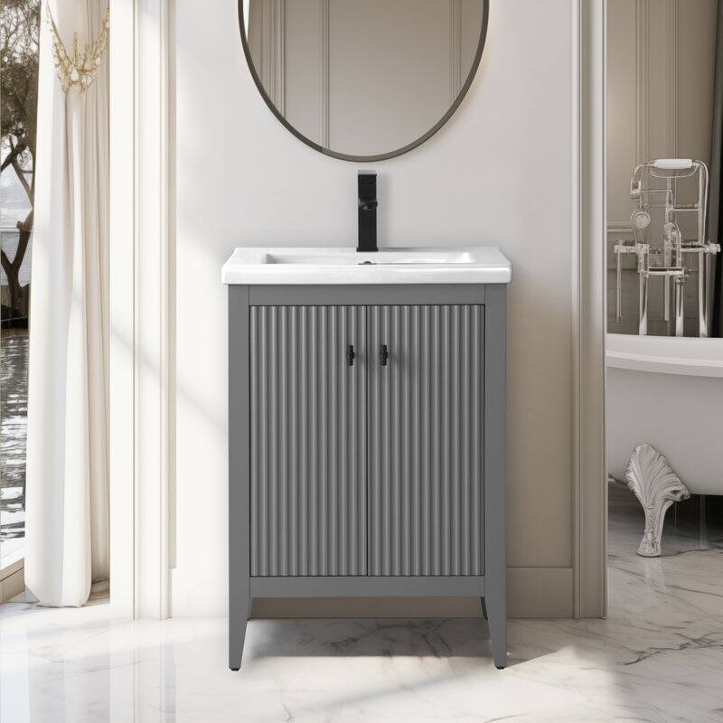Vanity Art 24" Single Sink Bathroom Vanity Cabinet with Ceramic Top - 24"/Matte Black Handle - Linear Cashmere Gray