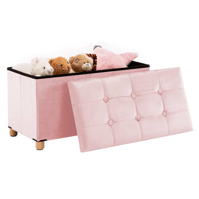 30 Inches Folding Storage Ottoman Bench, Velvet Storage Chest, Footrest Couch with Wooden Legs, Support 350lbs - Pink