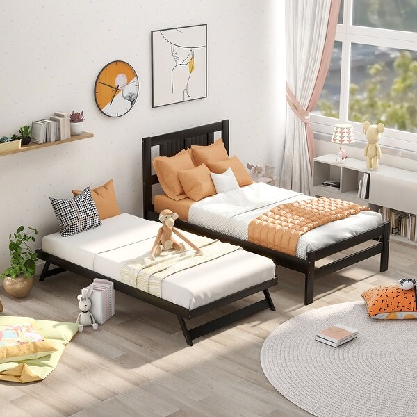 Espresso Twin Size Platform Bed with Adjustable Trundle Bed Bath