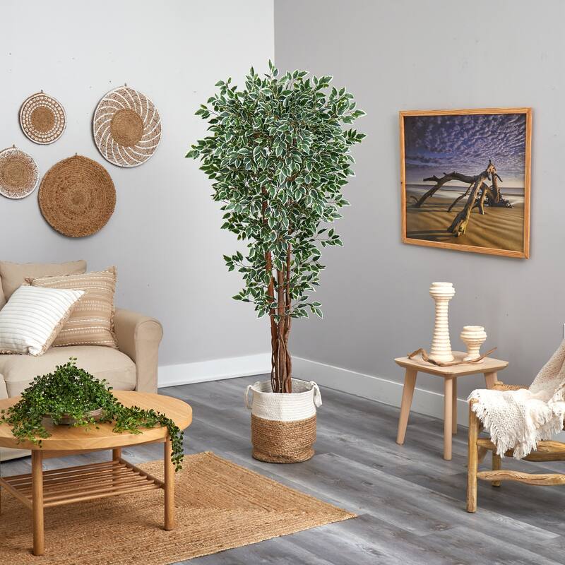 70in Variegated Ficus Artificial Tree in Handmade Jute and Cotton Planter with UV Resistant Greenery for Indoor Decor