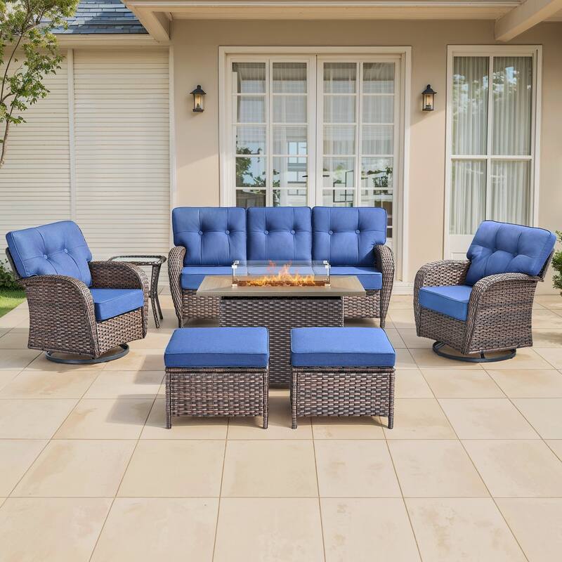 Gymojoy Outdoor Wicker Patio Furniture Sofa Set with 55,000 BTU Fire Pit Table, Swivel Chairs, Ottomans & Side Tables - Brown Wicker / Blue Cusion - 7-Piece