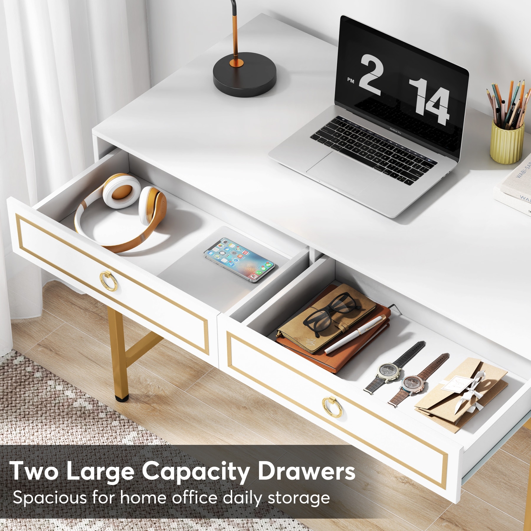 Tribesigns Computer Desk, Modern Simple 47 inch Home Office Desk Study  Table Writing Desk with 2 Storage Drawers, Makeup Vanity Console Table,  White