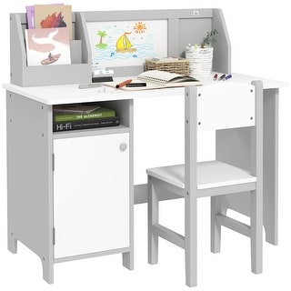 Desk and Chair Set, Kids Writing Desk Study Table for Children with Whiteboard, Storage Cabinet, Child Furniture
