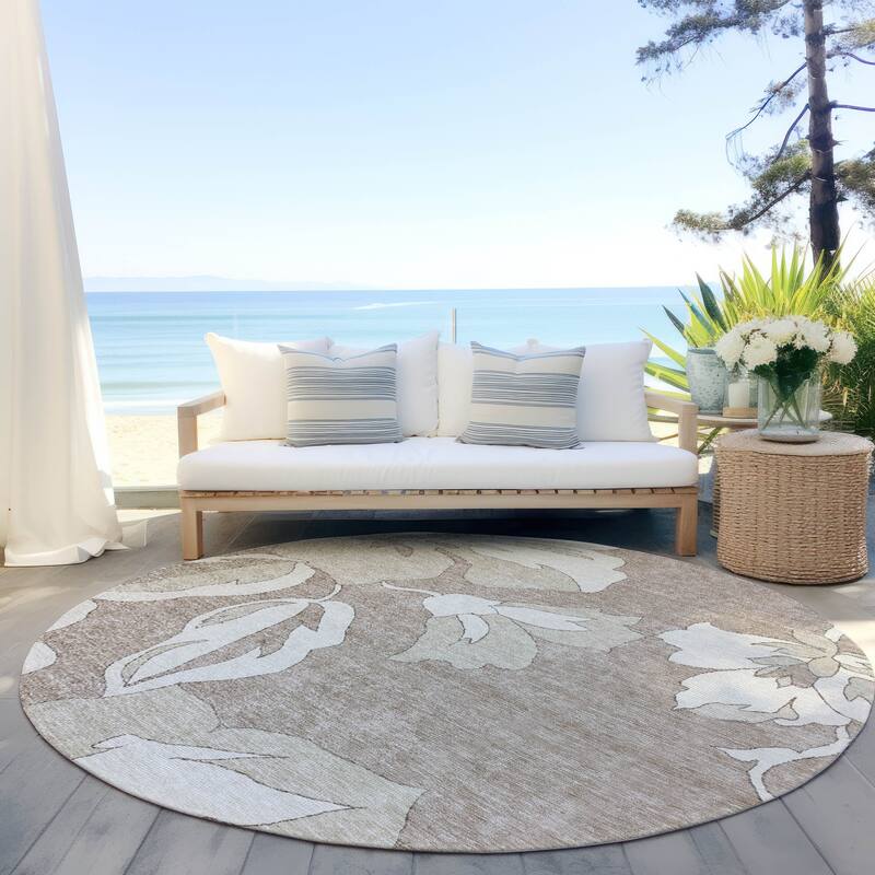 Machine Washable Indoor/ Outdoor Chantille Floral Contemporary Rug - Taupe - 8' x 8'