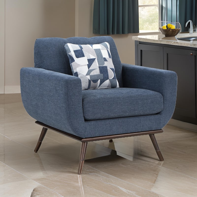Keto 42 Inch Accent Chair, Blue Chenille 1 Throw Pillow, Brown Solid Wood