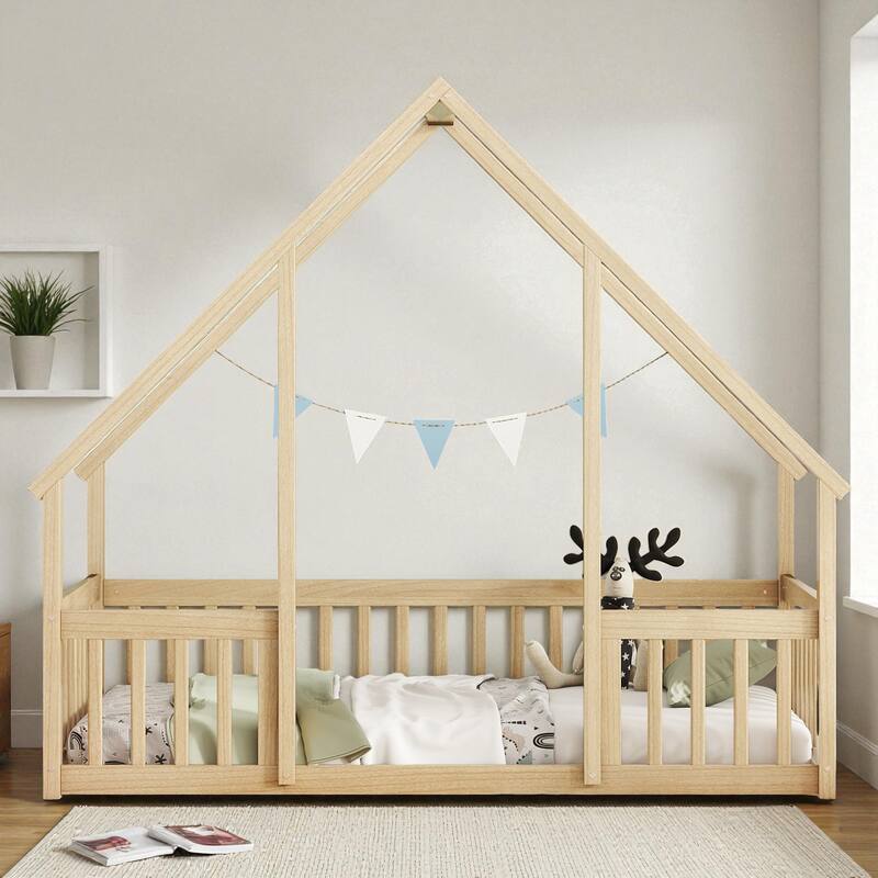 Twin/Full Size Wooden House-Shaped Floor Bed with Fence and Guardrails, Kids Montessori Bed with Roof Frame