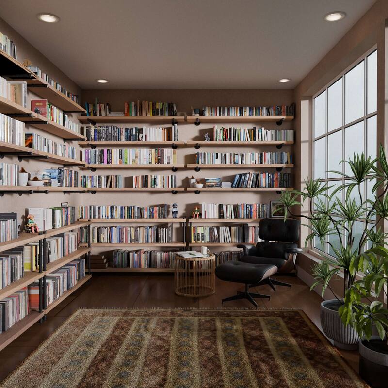 Wallniture 60 inch Long Pipe Bookcase, 11.25'' Deep & 1.5'' Thick Hanging Wood Shelf for Home Organization, Rustic Color, 3 Tier