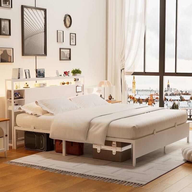Bed Frame with Charging Station and RGB LED Lights, Sturdy Platform Bed with Storage Headboard,