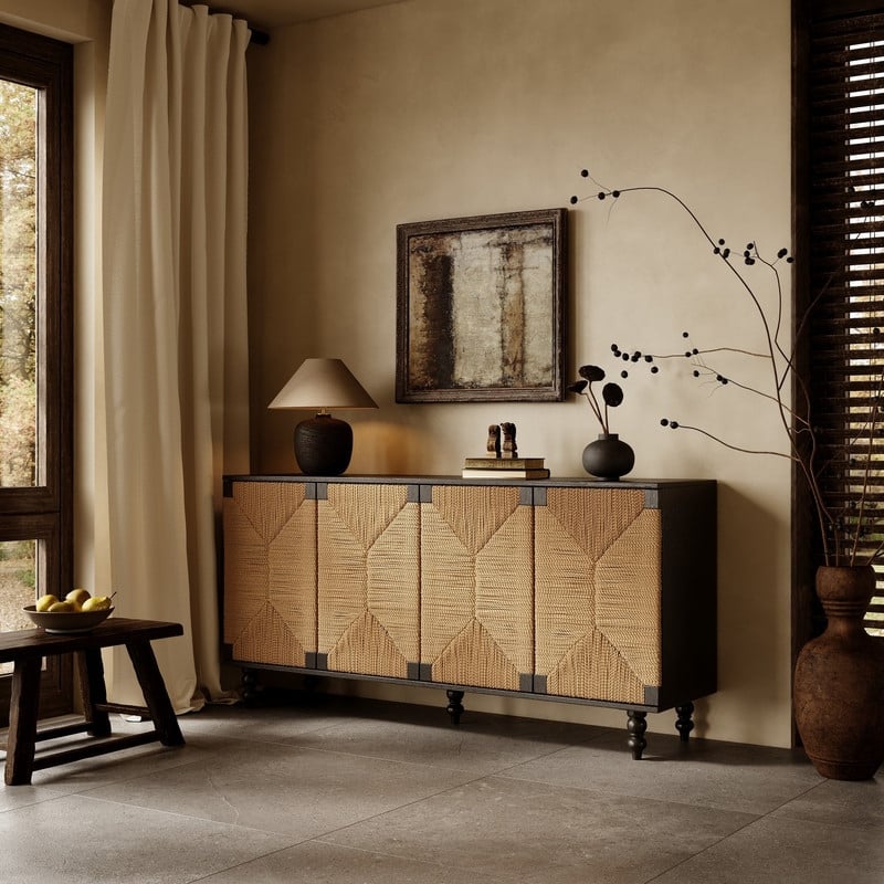 59" Sideboard Buffet Cabinet with Elegant Handwoven Seagrass Doors for Stylish Home Storage