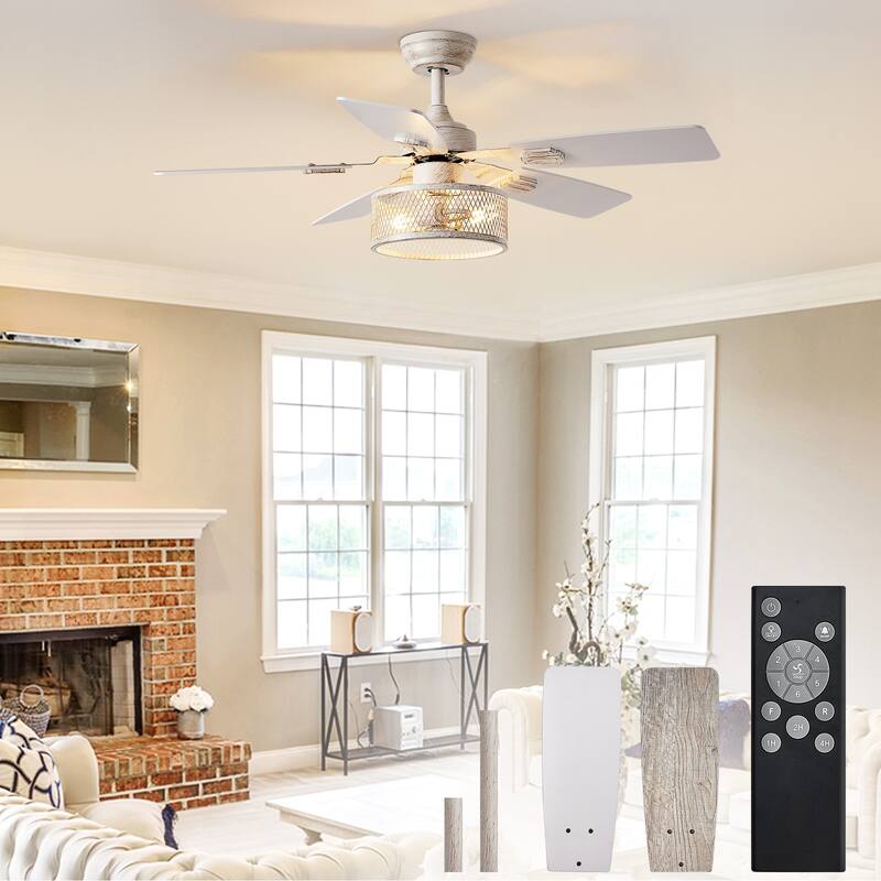 42-52Inch Caged Ceiling Fans with Lights: Dual Finish 5 Blades - Rustic with Remote Control (E26 Bulb Included) - 42in - White