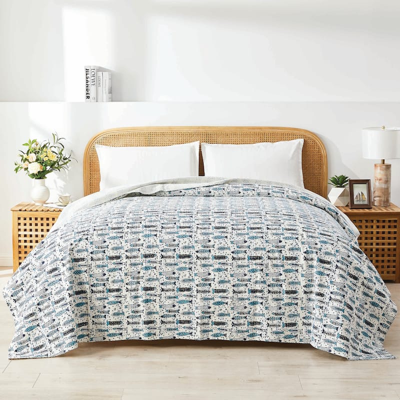 Melange Hand Stitched Kantha Block Print Coverlets and Shams - Fish Coverlet Only - Queen - 1 Piece
