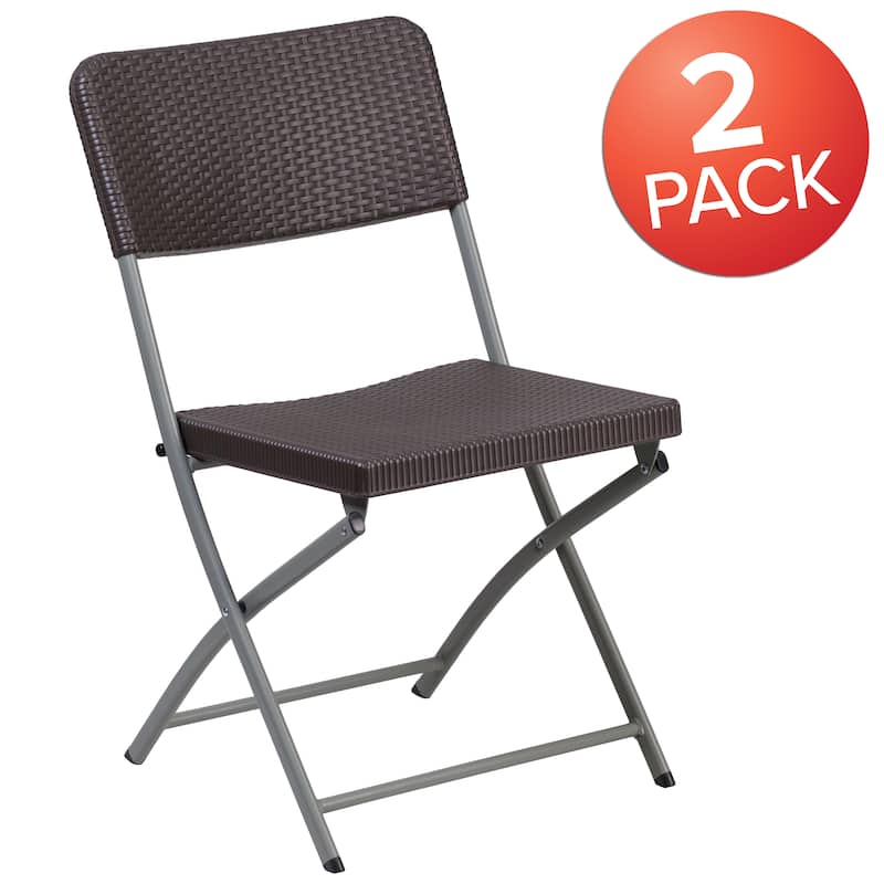 2 Pack Brown Faux Rattan Plastic Folding Chair with Gray Frame - Event Chair