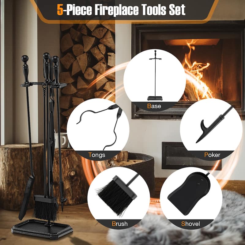 5-Piece Black Iron Fireplace Tool Set with Stand, Poker Tong Brush and Shovel for Home - 9" x 6.5" x 28"