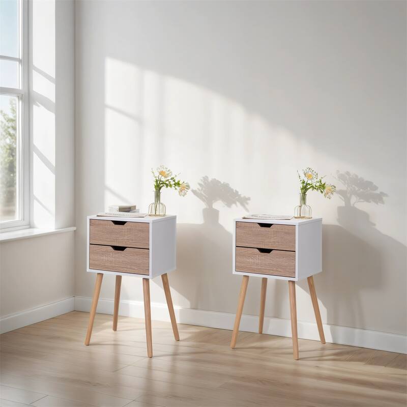 Nightstand w/ 2 Drawers, Bedside Tables w/ Solid Wood Legs and Storage - White