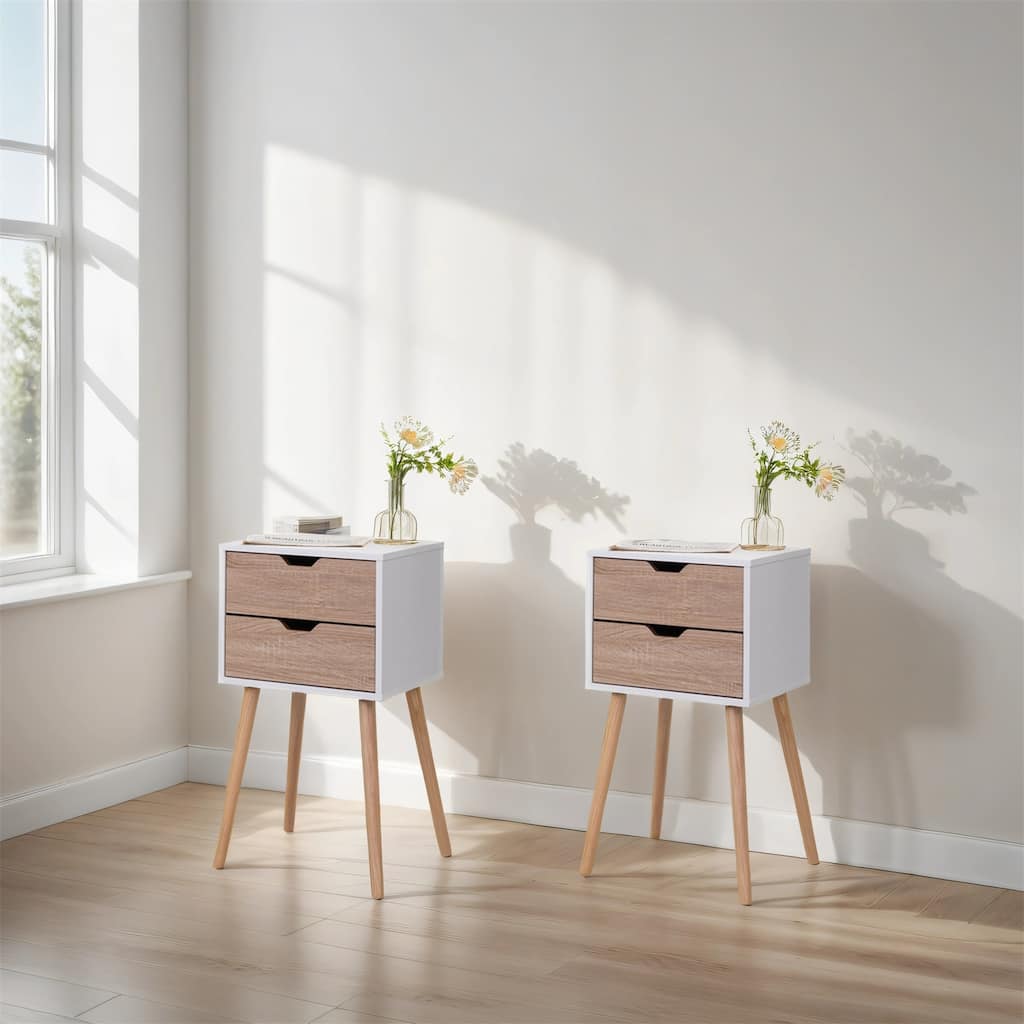 Nightstand w/ 2 Drawers, Bedside Tables w/ Solid Wood Legs and Storage