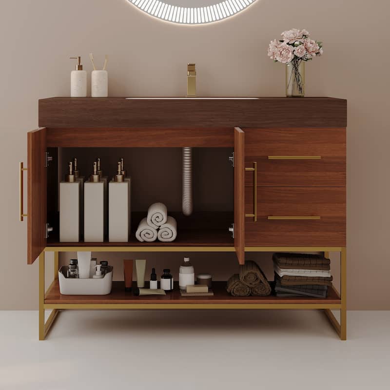 36" Modern Bathroom Vanity with Seamless Ceramic Sink & Gold Accent Free Standing Cabinet