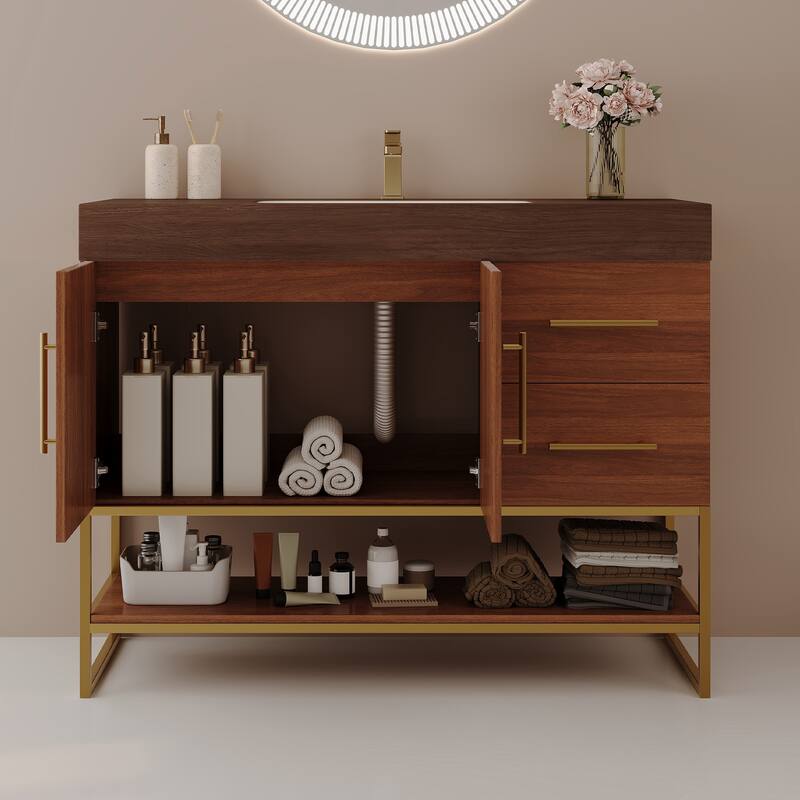 GDFStudio - Luxury 36" Freestanding Sintered Stone Bathroom Vanity with Seamless Ceramic Sink, Open Storage & Soft-Close Drawers