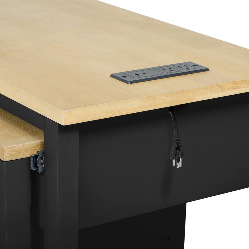 47.20'' Rubber Wood Kitchen Island with Extendable Dining Table, Power Outlet, and 2 Drawers - 47.2'' x 33.5'' x 36.75''