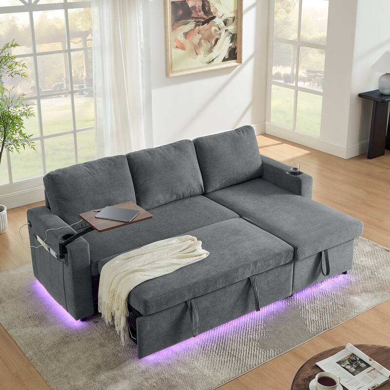 Pull Out Sleeper Sofa Bed Chenille L-shaped Sectional Couch with Storage Chaise, Retractable Table, LED, USB and Cup Holders - Grey