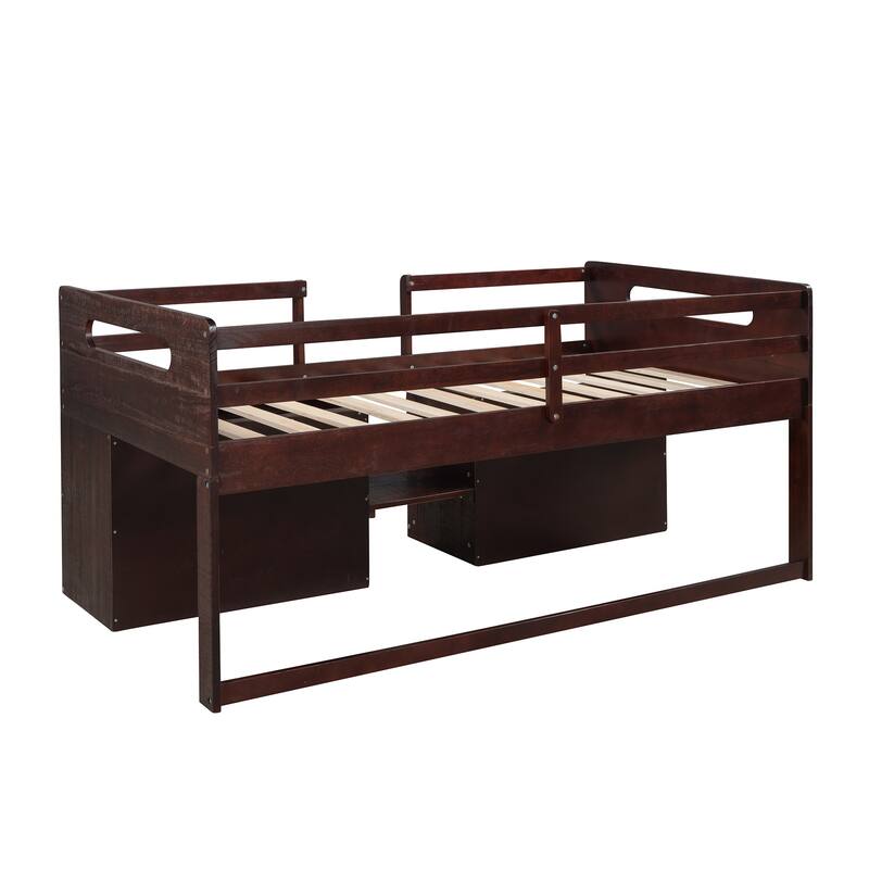 Twin Solid Pine Loft Bed with Shelves, Drawers, and Guardrail