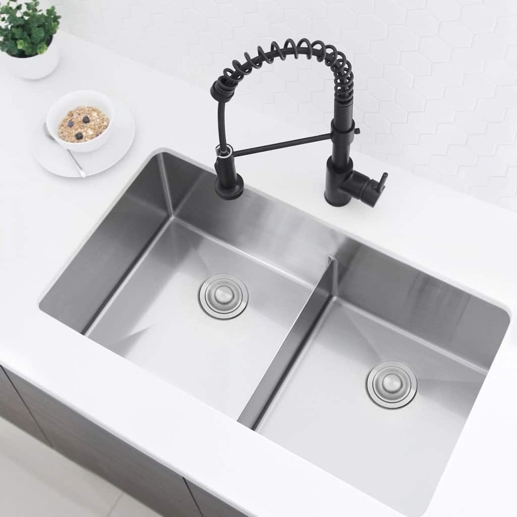 STYLISH 32 inch L x 18 inch W Stainless Steel Double Basin Low Divider Undermount Kitchen Sink with Grids and Strainers