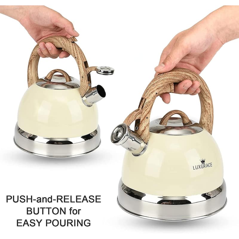 Creative Home 3.0 Qt. Stainless Steel Whistling Tea Kettle with Ergonomic Handle for Fast Boiling Heat Water, Creamy White