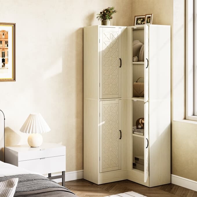 Chic 69-Inch White Corner Cabinet, L-Shaped Wooden Bookcase