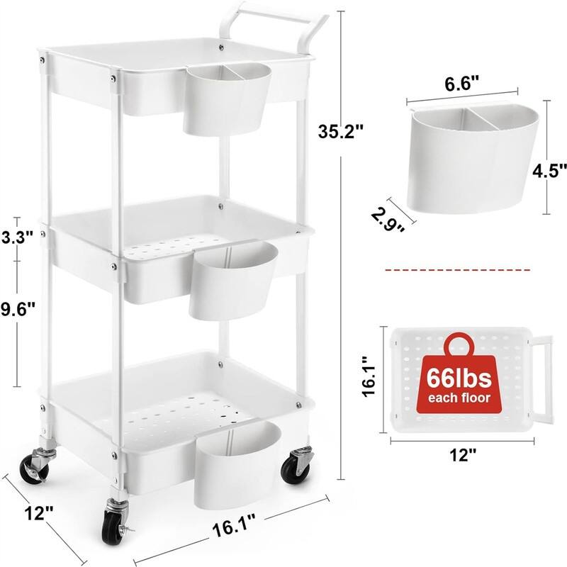 3-Tier Utility Rolling Cart - 15.5"D x 11.5"W x 33"H