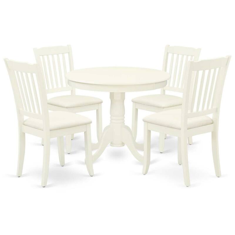 HomeStock 5-Piece Round Linen White Finish Solid Wood Top Dining table with 4-Chairs with Slat Back