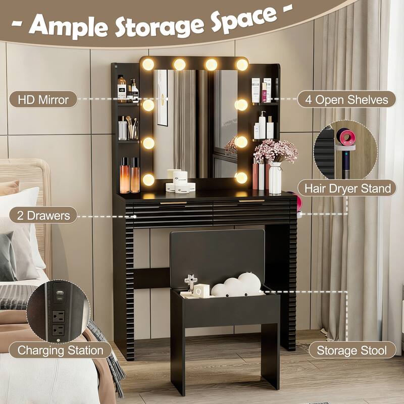 Makeup Vanity Desk with Storage Stool, Fluted Dressing Table with Charging Station & 10 Hollywood Bulbs, Black - Black